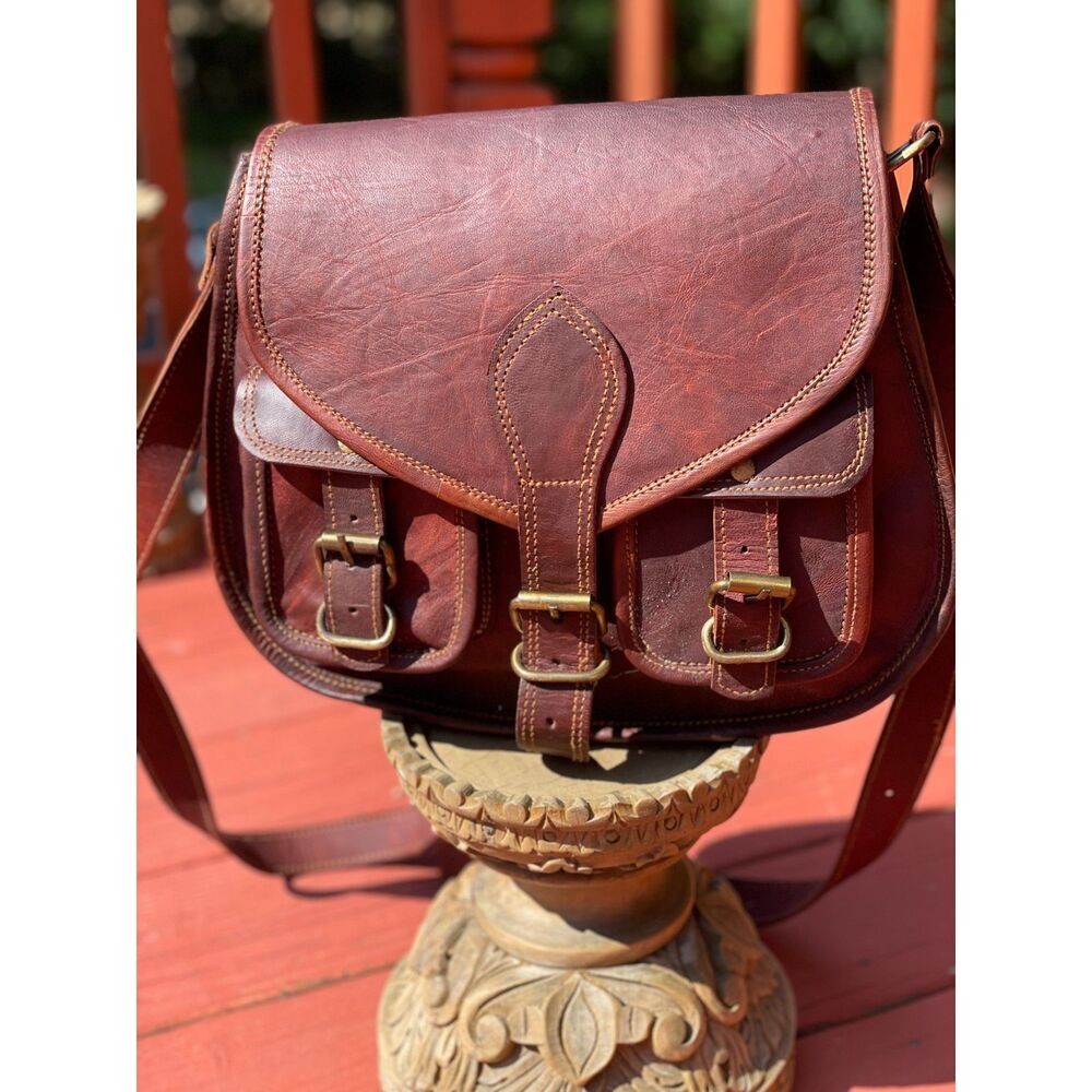 Vintage Handmade Leather Satchel Crossbody Bag Brown Rustic Boho Messenger Purse